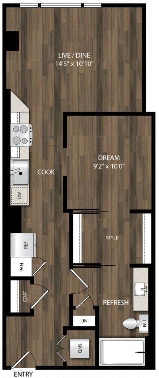 Floor plan for 1 bed, 1 bath, 624 sqft